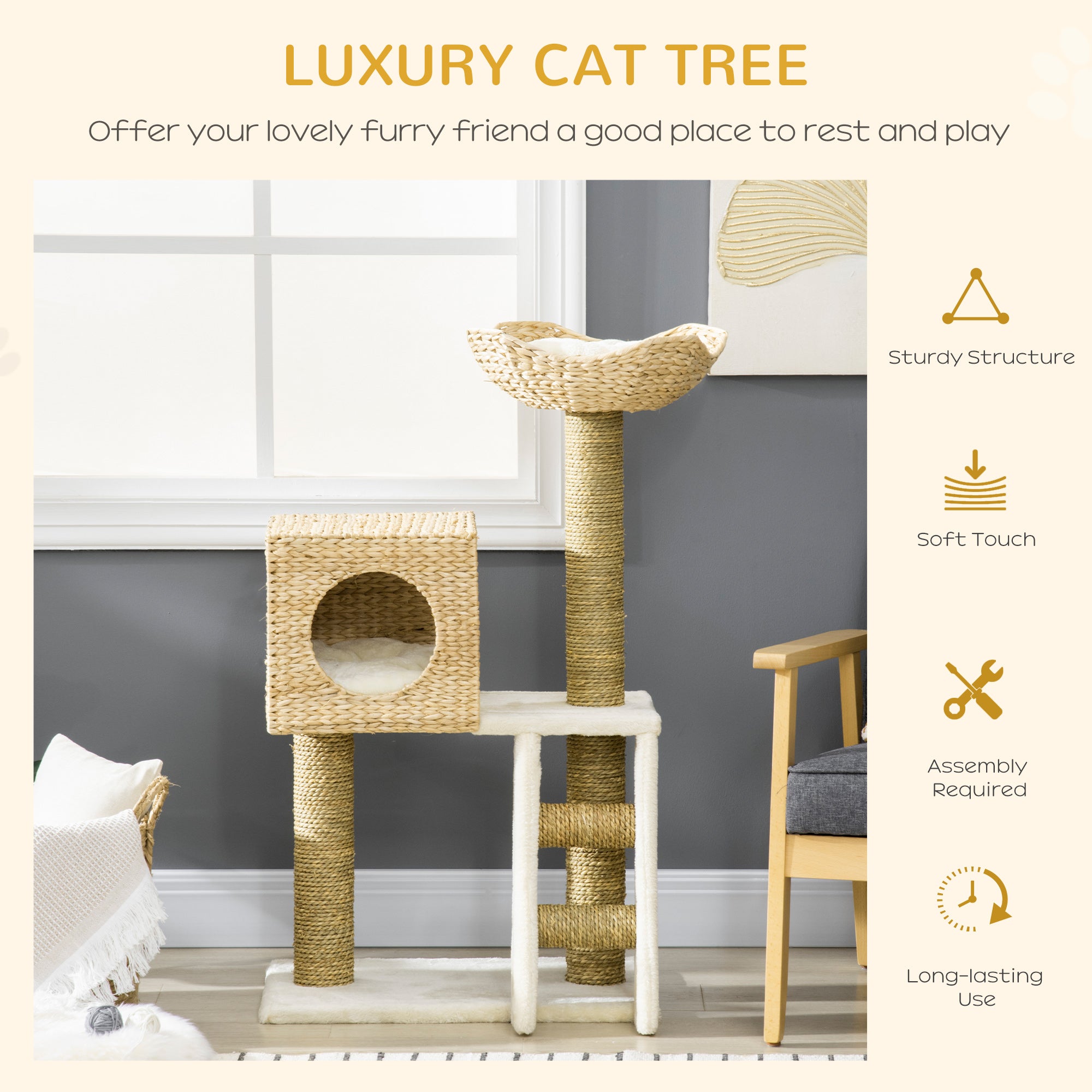 Cattail Weave Cat Tree with Rattan Condo & Wicker Bed