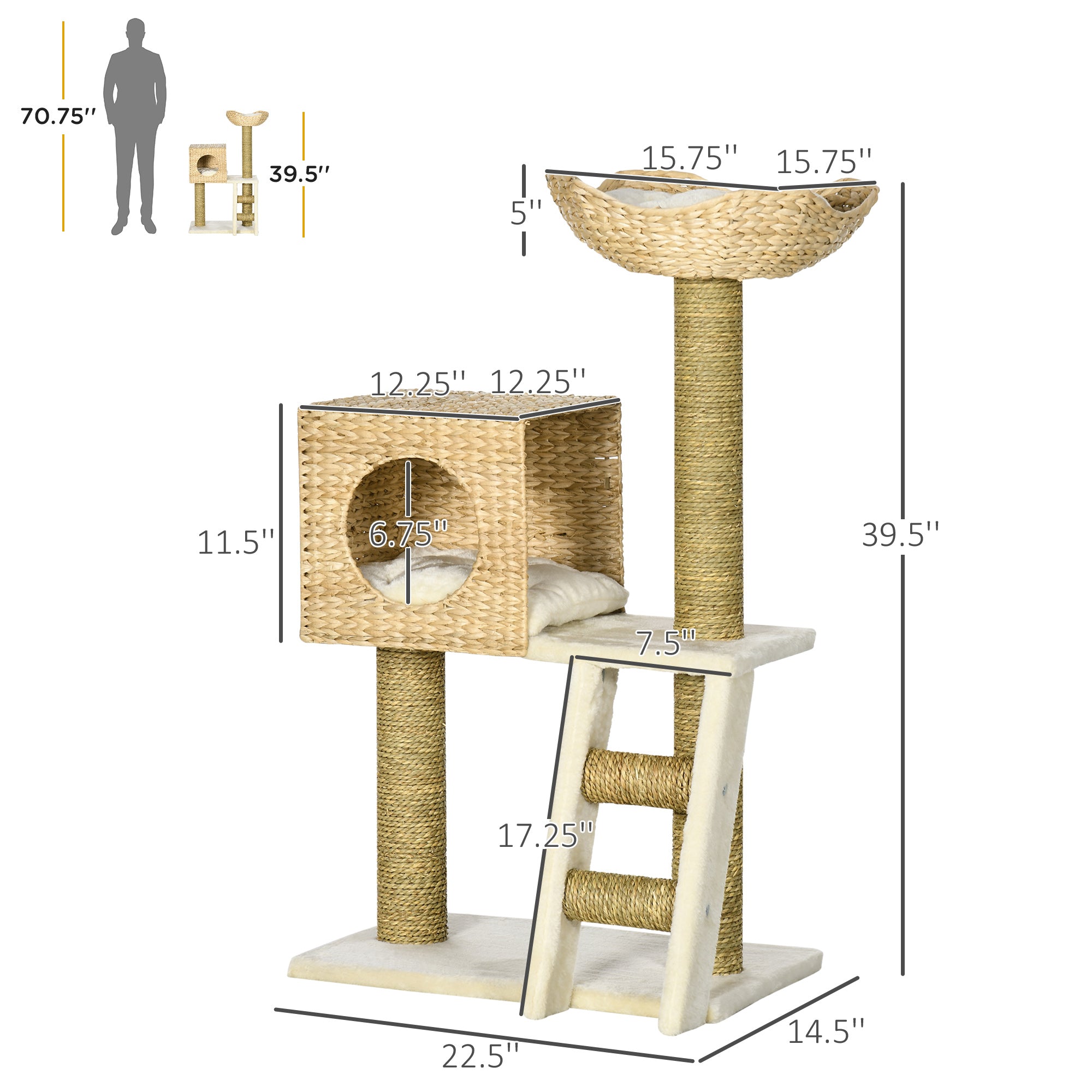 Cattail Weave Cat Tree with Rattan Condo & Wicker Bed