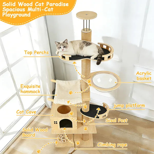 Floor to Ceiling Cat Tree with Transparent Capsule & Hammock