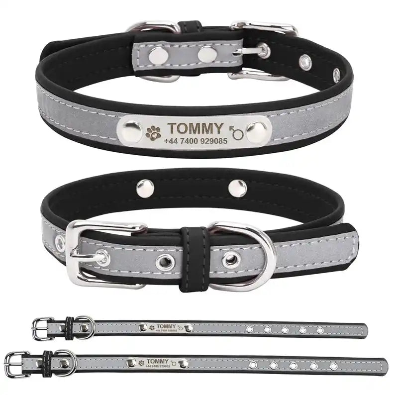 Custom Engraved PU Leather Dog Collar with Name & ID