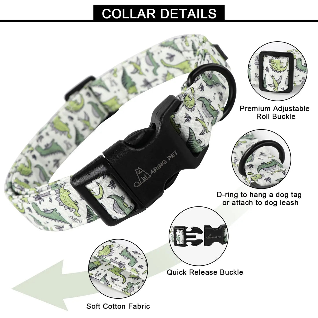 Adjustable Cotton Dinosaur Dog Collar