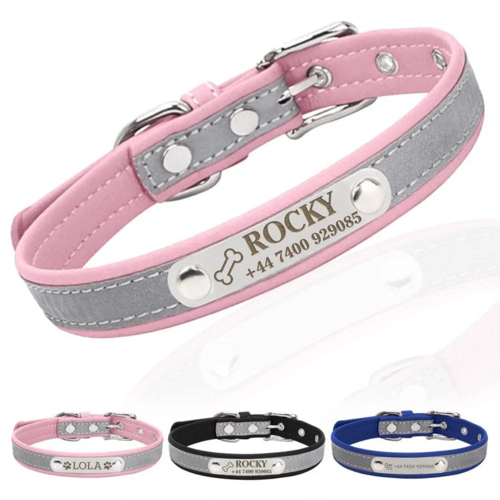 Custom Engraved PU Leather Dog Collar with Name & ID
