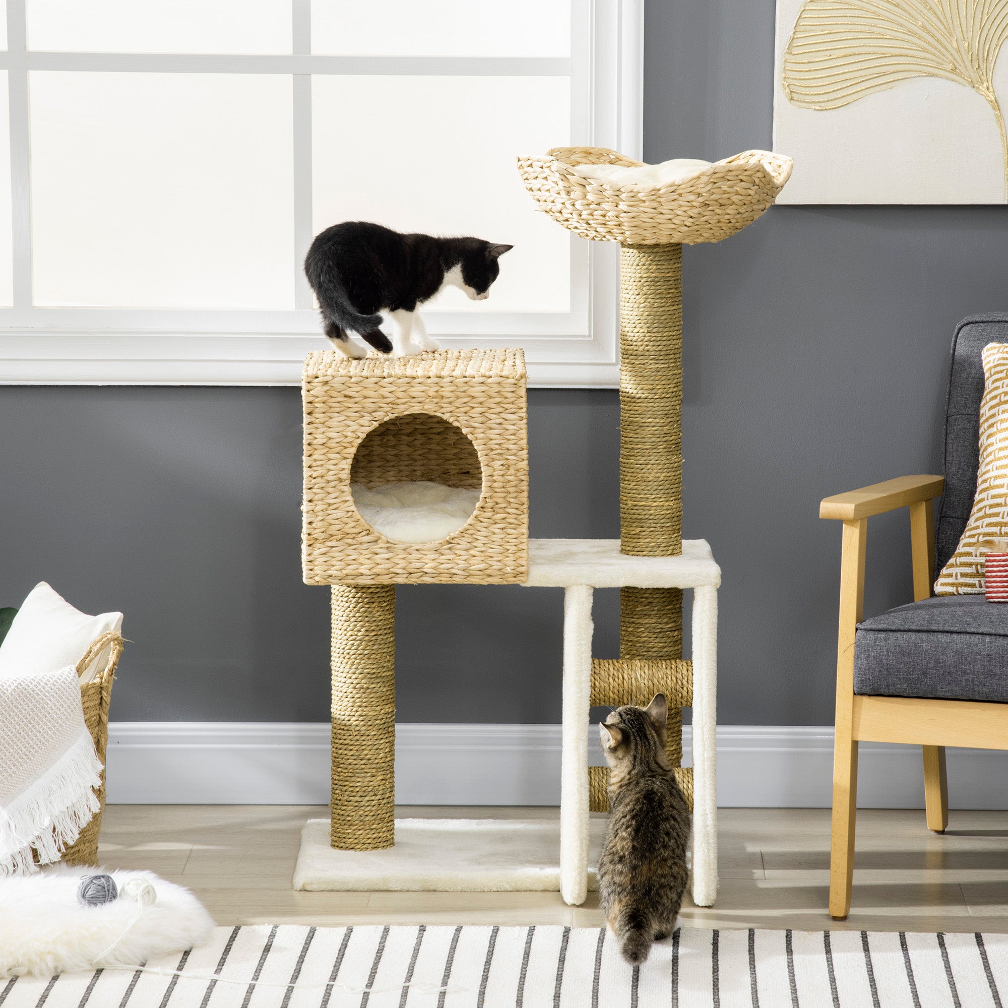 Cattail Weave Cat Tree with Rattan Condo & Wicker Bed