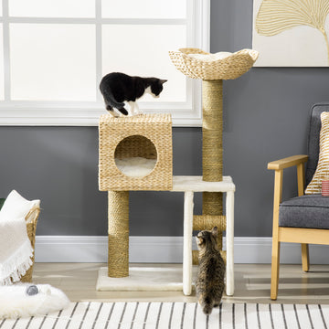 Cattail Weave Cat Tree with Rattan Condo & Wicker Bed