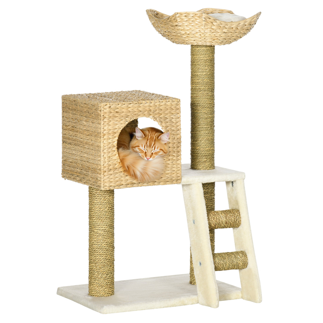 Cattail Weave Cat Tree with Rattan Condo & Wicker Bed