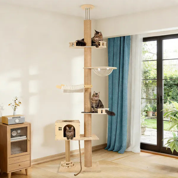 Floor to Ceiling Cat Tree with Transparent Capsule & Hammock