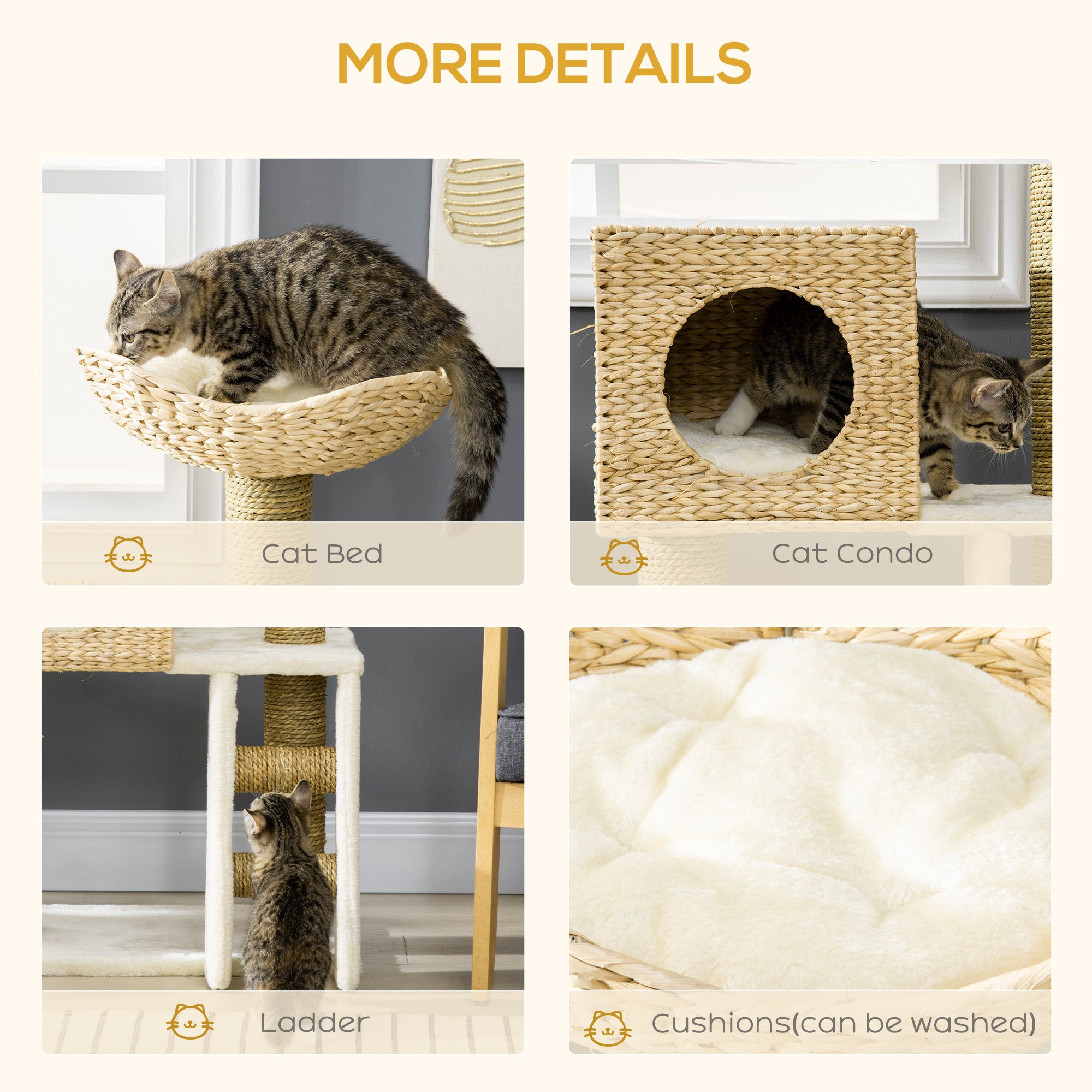 Cattail Weave Cat Tree with Rattan Condo & Wicker Bed